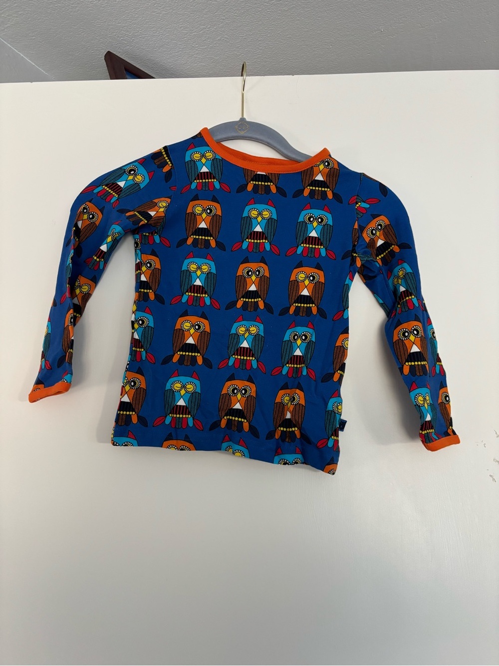 Folk Blue Long-Sleeve Kids Shirt with Colorful Owl Print